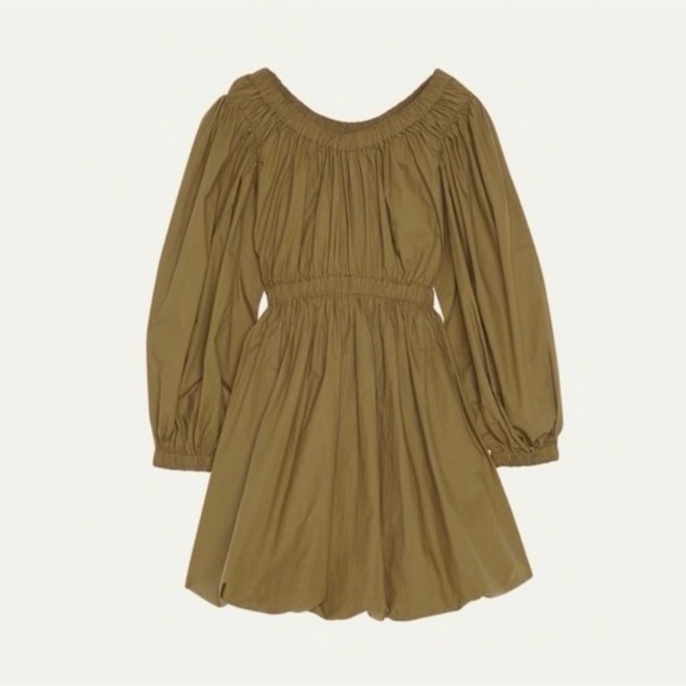ULLA JOHNSON Martine Bubble Minidress 
Off-Shoulder Olive Green Dress - Picture 2 of 6